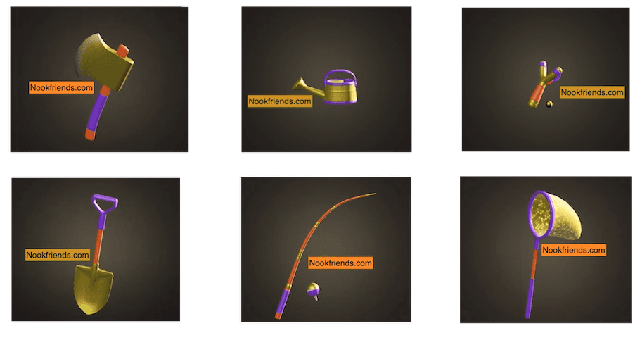 Image showing the 6 Golden Tools. This includes Golden Axe, Golden Fishing Rod, Golden Net, Golden Shovel, Golden Slingshot and Golden Watering Can