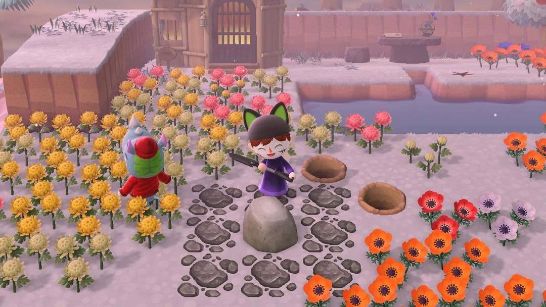 Animal crossing player next to a rock with 2 dug up holes.