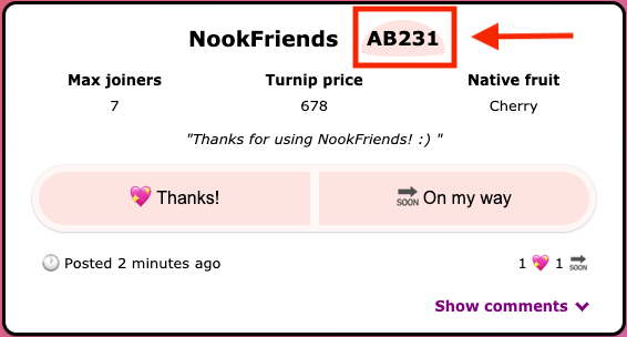 The dodo code in NookFriends can be found in the top right corner of each card