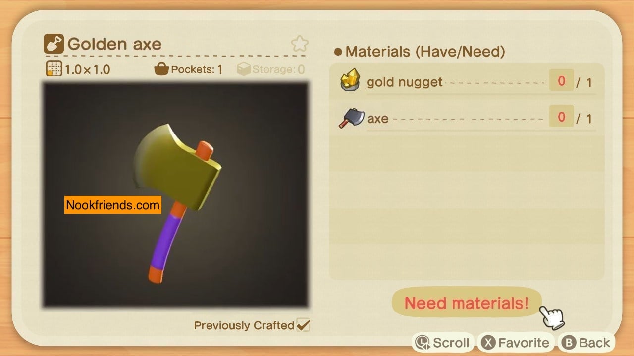 Receta de bricolaje de Hacha dorada en Animal Crossing: New Horizons