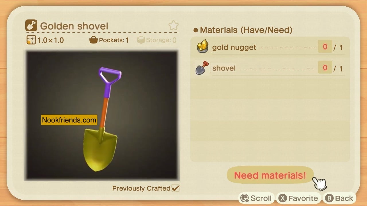 Receta de bricolaje de Pala dorada en Animal Crossing: New Horizons