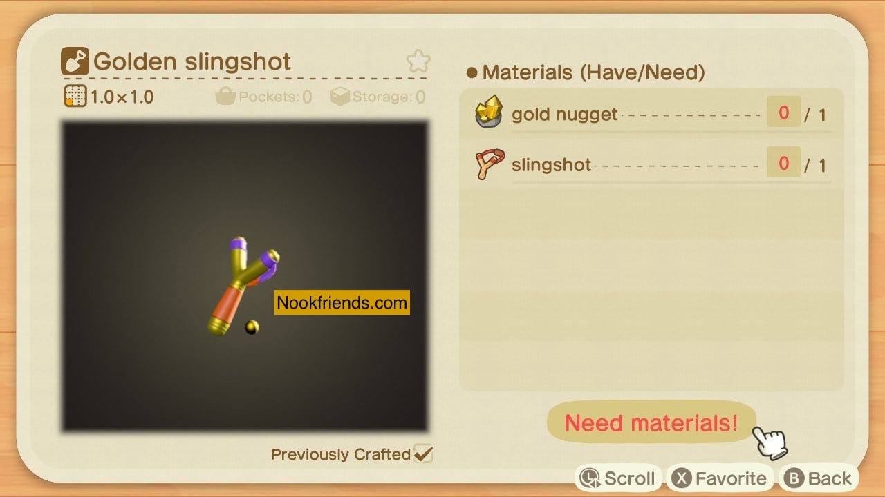 Receta de bricolaje de Tirachinas dorado en Animal Crossing: New Horizons