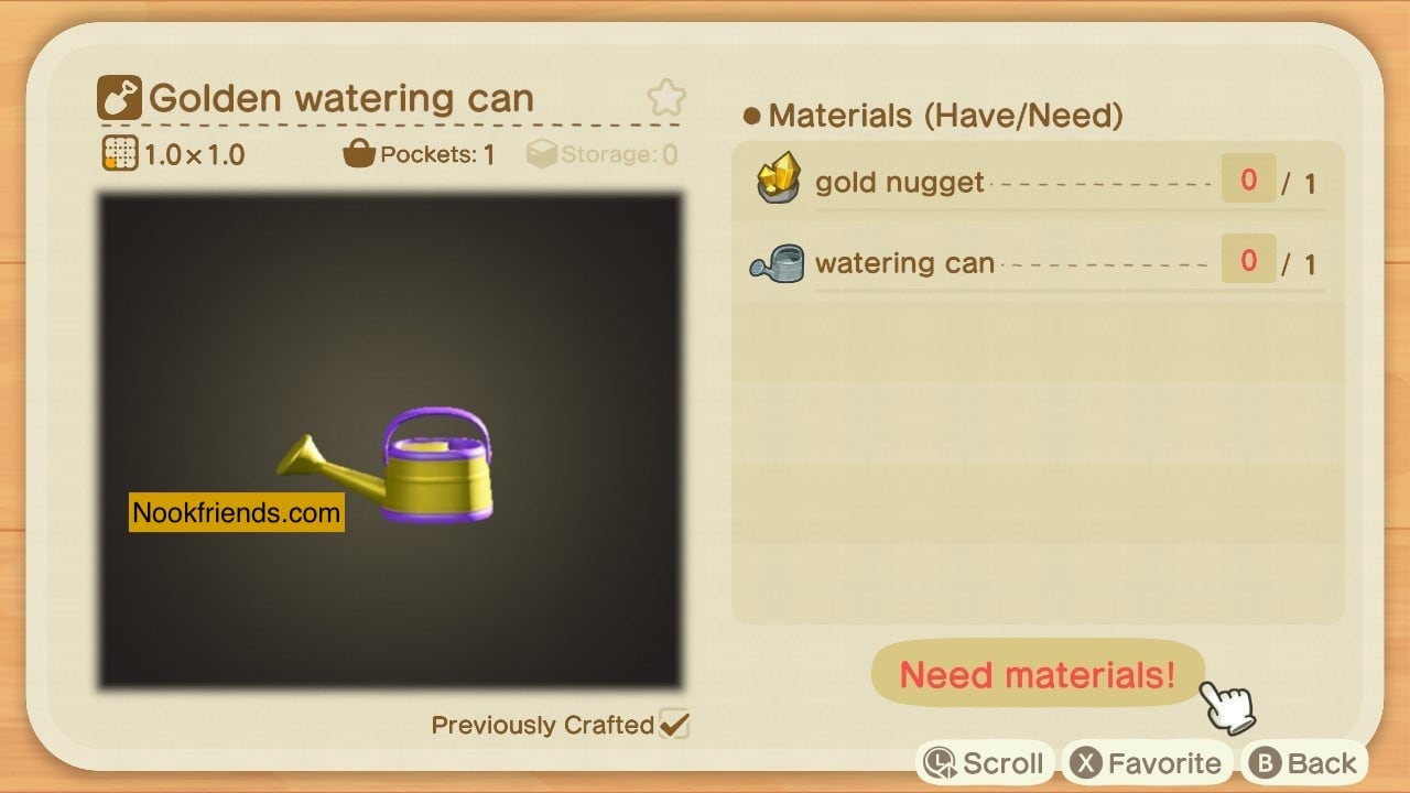 Receta de bricolaje de Regadera dorada en Animal Crossing: New Horizons